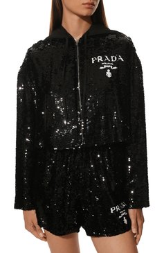 Женский шелковый кардиган с отделкой пайетками PRADA черного цвета, арт. P509MR-1Z5F-F0002-221 | Фото 3 (Материал внешний: Шелк; Рукава: Длинные; Стили: Гламурны�й; Длина (для топов): Стандартные; Материал сплава: Проставлено; Женское Кросс-КТ: Кардиган-одежда; Драгоценные камни: Проставлено)