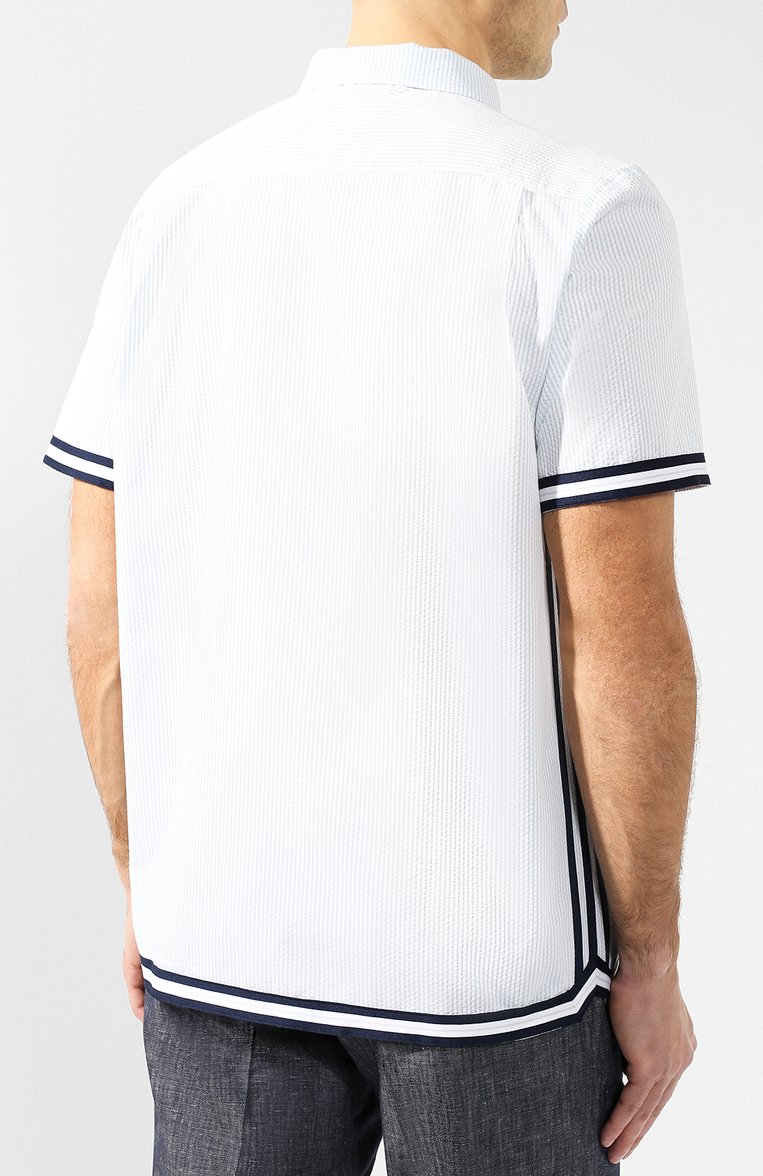 Мужская рубашка seersucker shooting ADIDAS ORIGINALS светло-голубого цвета, арт. DV3108 | Фото 4 (Статус проверки: Проверено, Проверена категория; Материал внешний: Синтетический материал, Хлопок; Длина (для топов): Стандартные; Рукава: Короткие; Случай: Повседневный; Воротник: Кент; Мужское Кросс-�КТ: Рубашка-одежда; Принт: Однотонные; Стили: Кэжуэл)