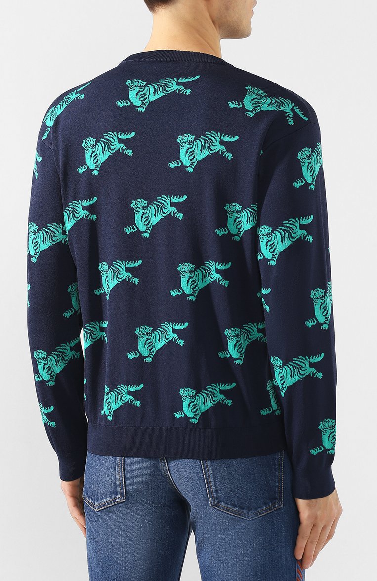Мужской джемпер из смеси вискозы и хлопка KENZO темно-синего цвета, арт. FA55PU5033LA | Фото 4 (Материал внешний: Хлопок, Вискоза; Длина (для топов): Стандартные; Рукава: Длинные; Статус проверки: Проверена категория; Принт: С принтом; Мужское Кросс-КТ: Джемперы; Вырез: Круглый; Стили: Кэжуэл)