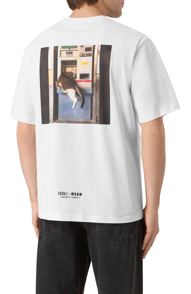 Мужская хлопковая футболка MSGM белого цвета, арт. 3846MM01/257298 | Фото 4 (Рукава: Короткие; Материал внешний: Хлопок; Длина (для топов): Стандартные; Мужское Кросс-КТ: Футболка-одежда; Принт: С принтом; Стили: Кэжуэл)