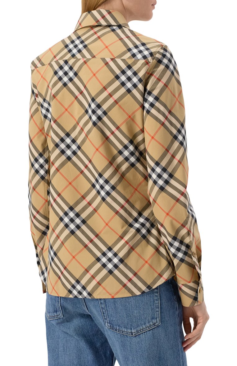 Женская хлопковая рубашка BURBERRY бежевого цвета, арт. 8106163 | Фото 4 (Длина (для топов): Стандартные; Рукава: Длинные; Материал внешний: Хлопок; Женское Кросс-КТ: Рубашка-одежда; Стили: Кэжуэл; Принт: Клетка, С принтом)