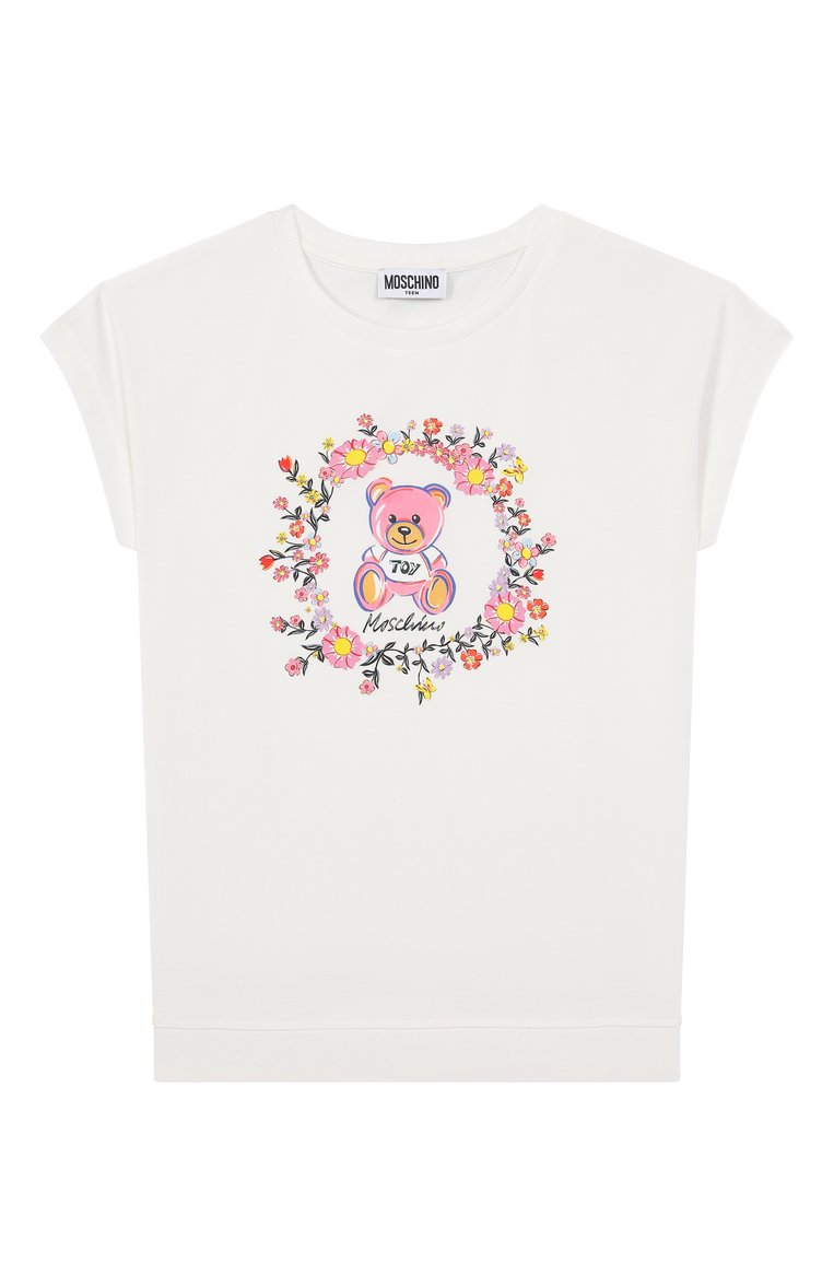 Детская хлопковая футболка MOSCHINO молочного цвета, арт. HFM02V/LBA10/10-14 | Фото 1 (Материал внешний: Хлопок; Рукава: Короткие; Девочки Кросс-КТ: футболка-одежда; Ростовка одежда: 10 - 11 лет | 140 - 146см, 12 лет | 152 см, 16 лет | 164 см)