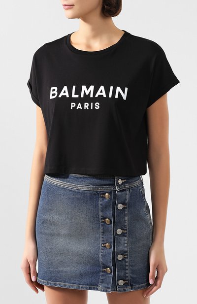 Хлопковая футболка BALMAIN черно-белого цвета по цене 23300 руб., арт. TF01357/I416, фото 3 Хлопковая футболка BALMAIN, арт. TF01357/I416, фото 3